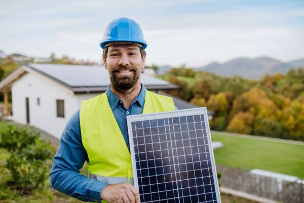 Smiling handyman solar installer standying with solar module while installing solar panel system on